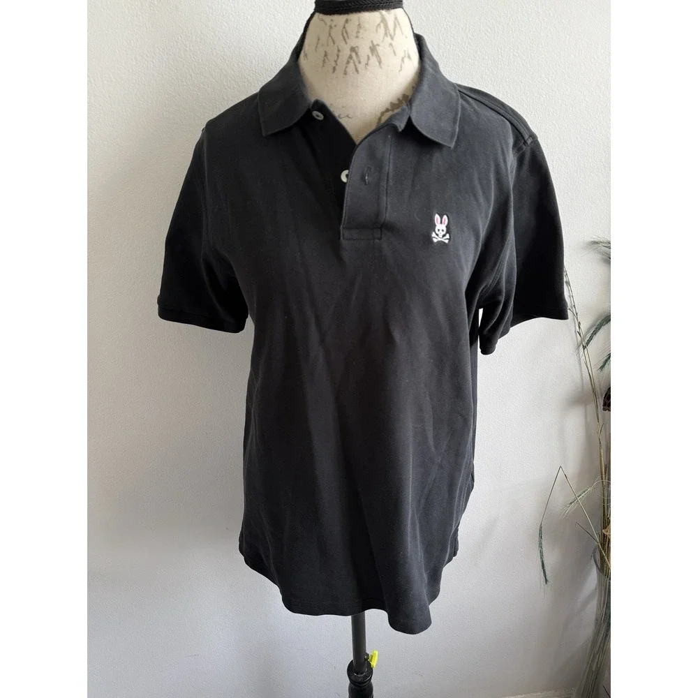Psycho Bunny Men's Classic Polo Shirt Textured Jacquard Black Pima Cotton Size 6